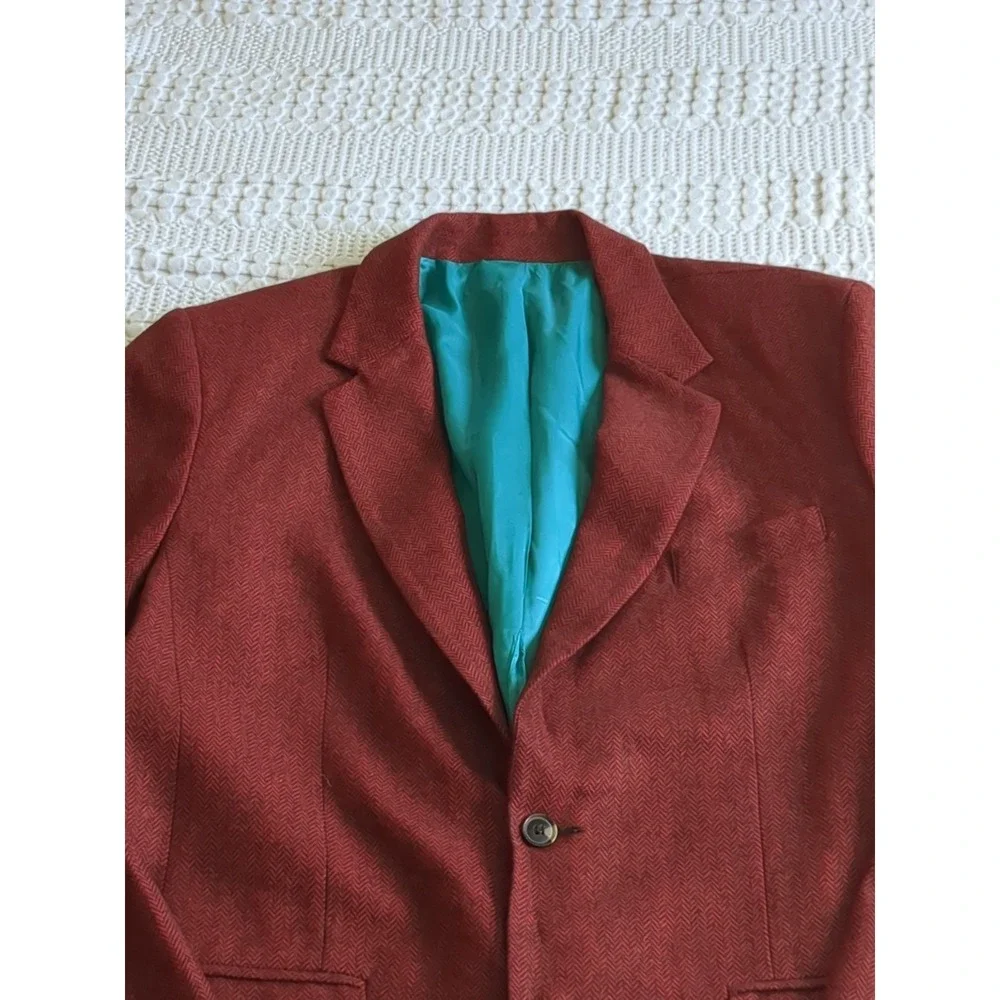 Mr Turk Blazer Herringbone Wool Blend Red Turquoise 2 Button Size 44